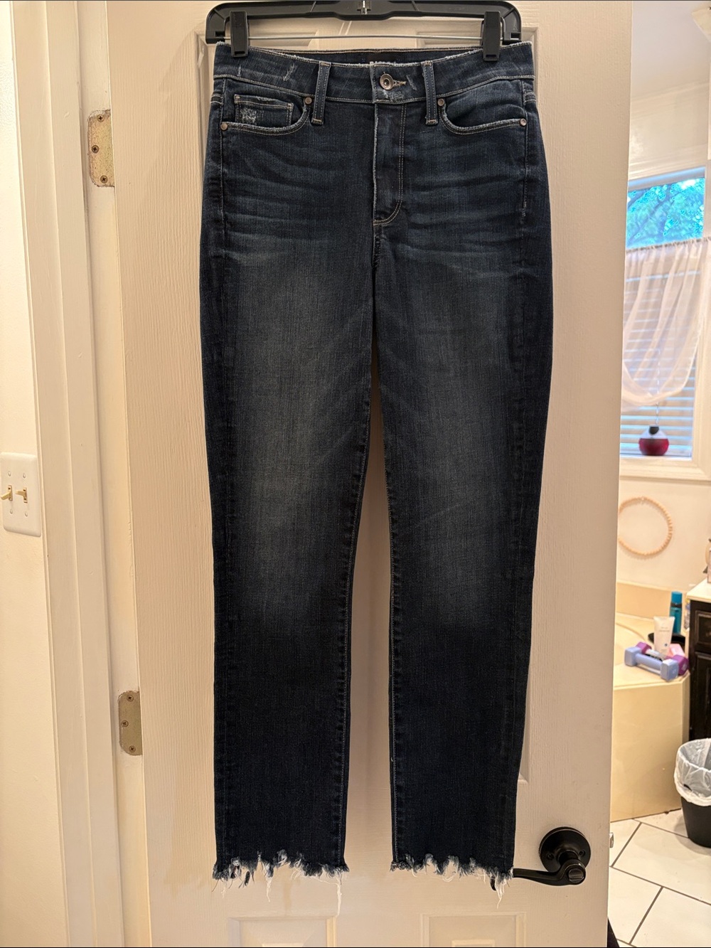 PAIGE Dark Indigo Frayed Hem Ankle Jeans